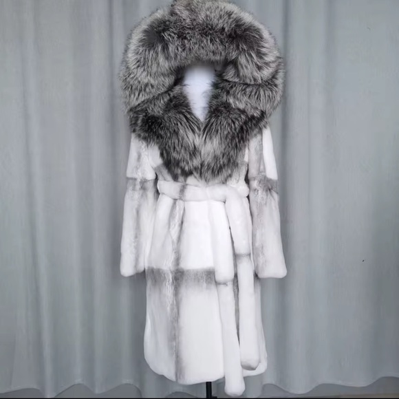 None Jackets & Blazers - Luxurious White and Gray Real Fur Coat